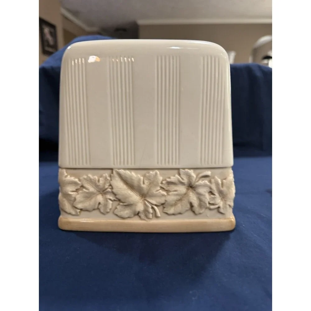 Stratton Earthenware Tissue Box Cover Ceramic Ivory Tan Beige Leaves Neutral